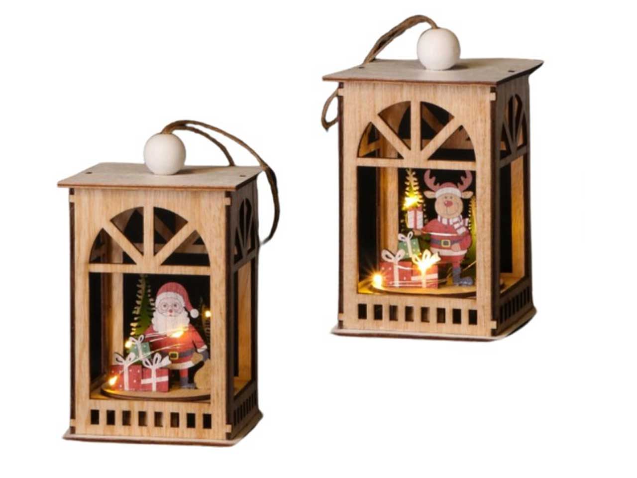Lanterna natalizia in legno opaco con 5 led e decorazioni 10x10xh17cm - AD Trend
