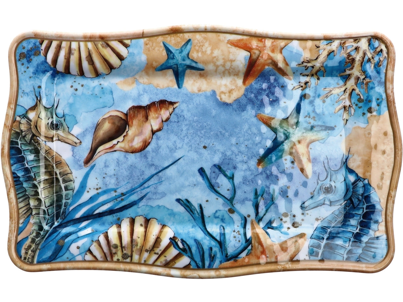 Vassoio rettangolare in melamina con fantasia marina, stile marinaro, 2 colori disponibili - 36x23xh1,5cm - Star