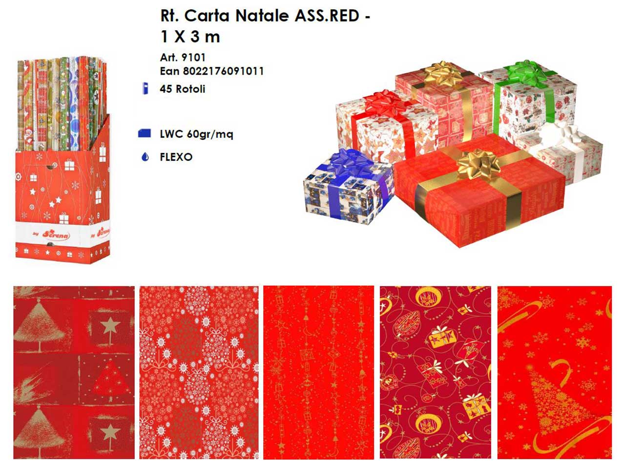 Rotolo carta da regalo natalizia ass. red 1x3mt