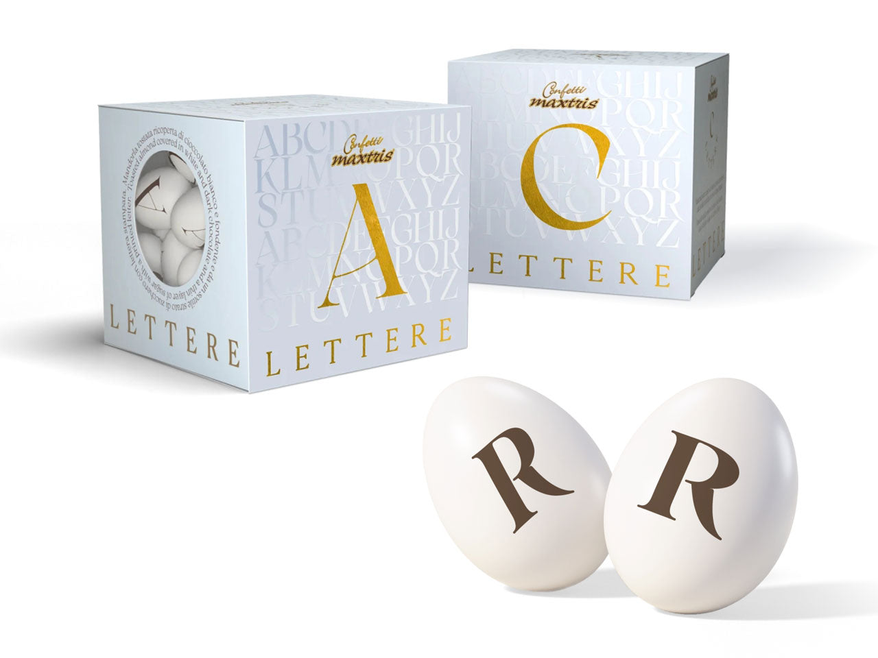 Confetti Lettere cioccomandorla bianchi, lettera  R, scatola da 200g - Maxtris