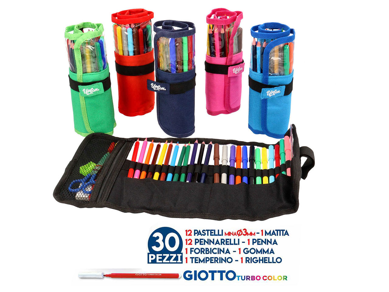 Astuccio roller pouch 12 pastelli piu' 12 pennarelli giotto urban con 6 classic color