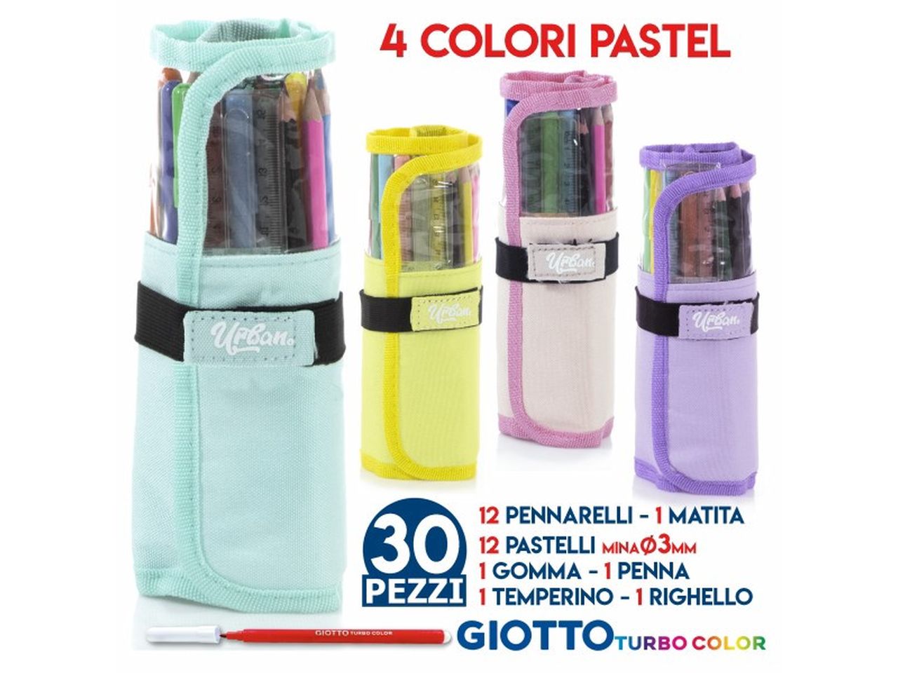 Astuccio roller pouch 12 pastelli piu' 12 pennarelli giotto urban con 4 pastel color