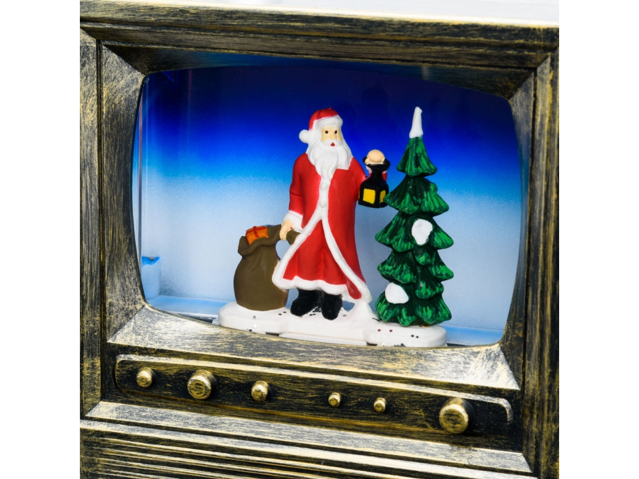 Palla di vetro natalizia a forma di tv decorata in plastica marrone antichizzato con glitter e led 19x7x27 cm - XmasKing