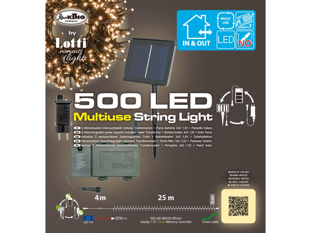 Catena di luci lineare multi uso misura 25m con 500 led bianco caldo per uso interno ed esterno