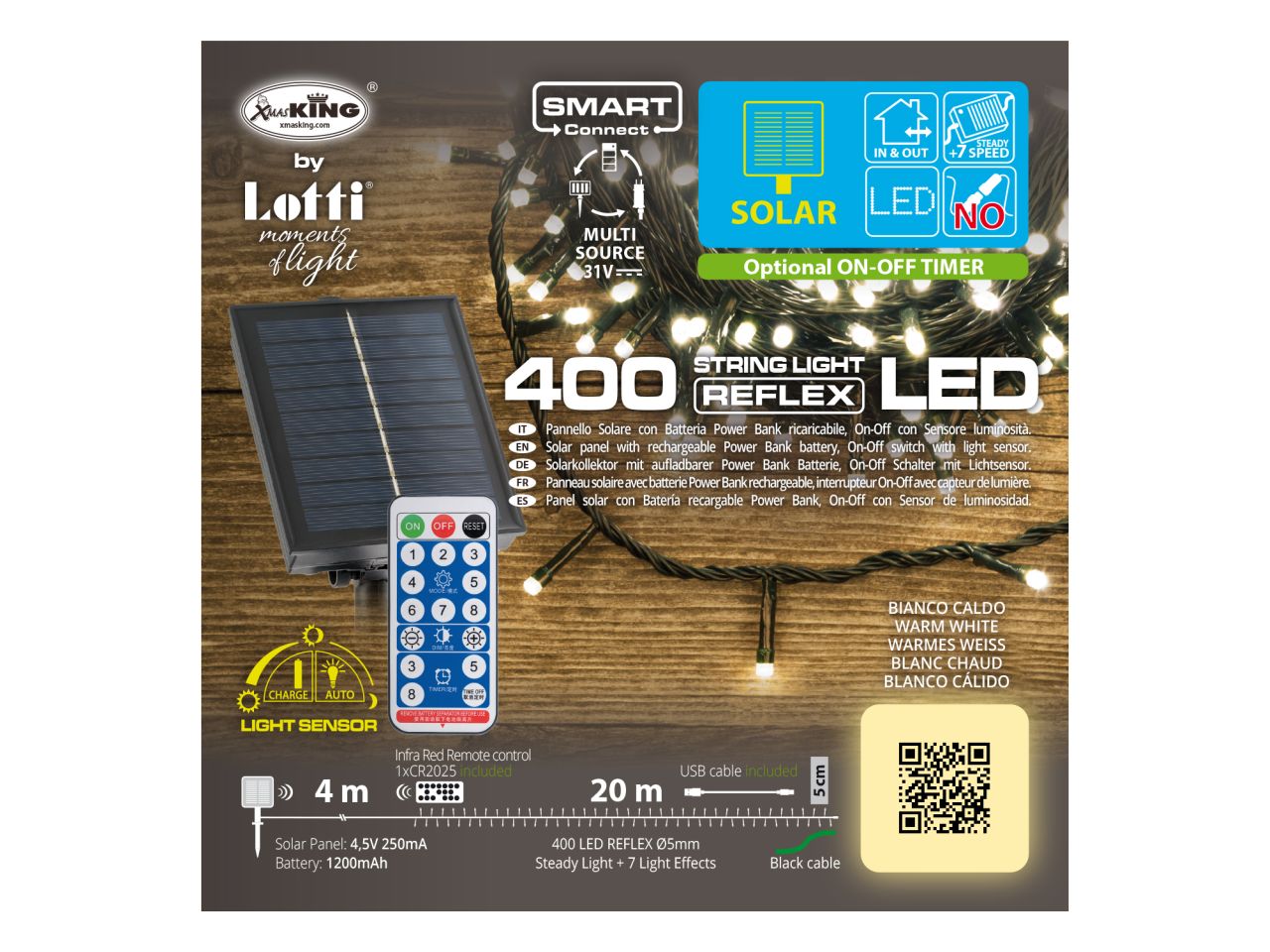 Catena di luci lineare solare misura 20m con 400 led bianco caldo per uso esterno