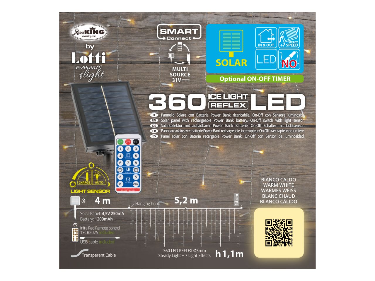 Ice light solare misura 520xh110cm con 360 led bianco caldo per uso esterno