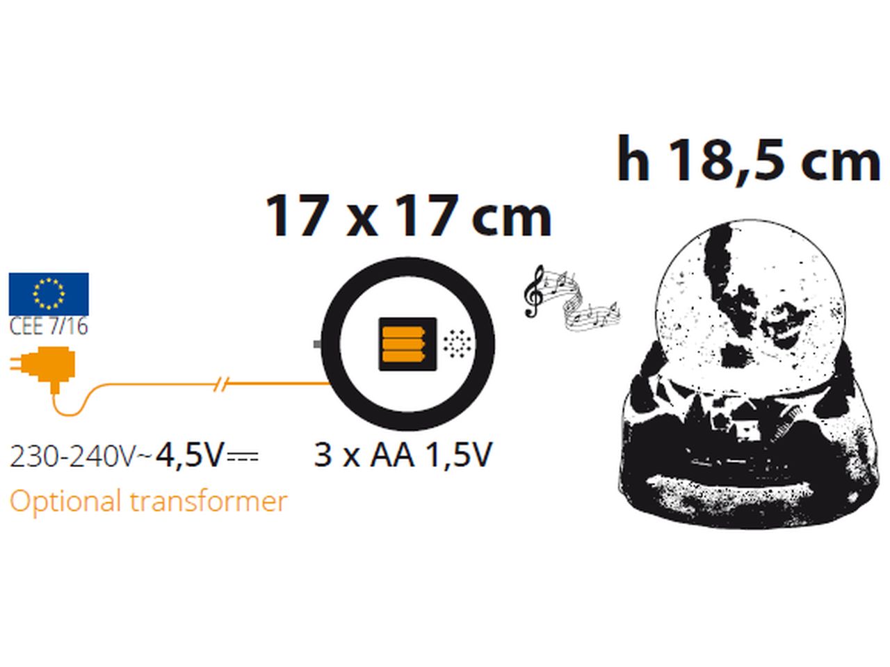Globo natalizio misura 18,5cm con luci, movimento e musica natalizia per uso interno
