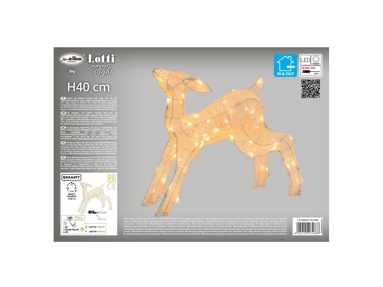 Renna 3d cucciolo misura h.40cm con 60 led traditional per uso interno ed esterno