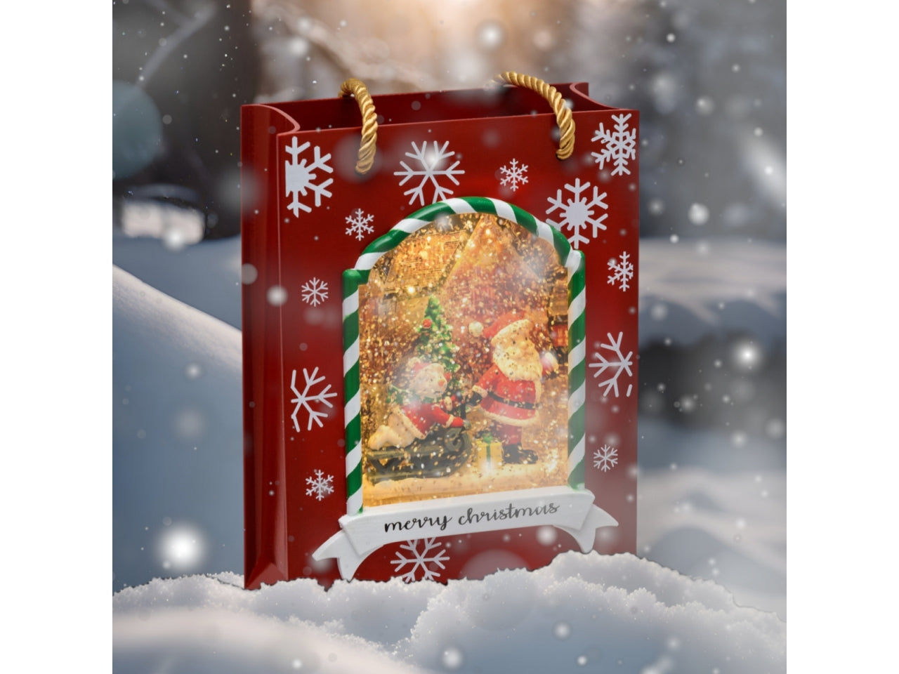 Palla di vetro a forma di borsa shopper con babbo natale 14x7,5x22cm - XmasKing