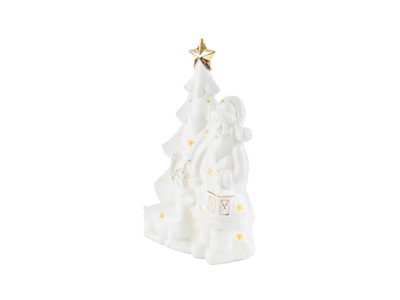 Statua Babbo Natale e albero con luce led in porcellana bianco latte e dorato finitura lucida 15x7h.23 cm - Le Stelle
