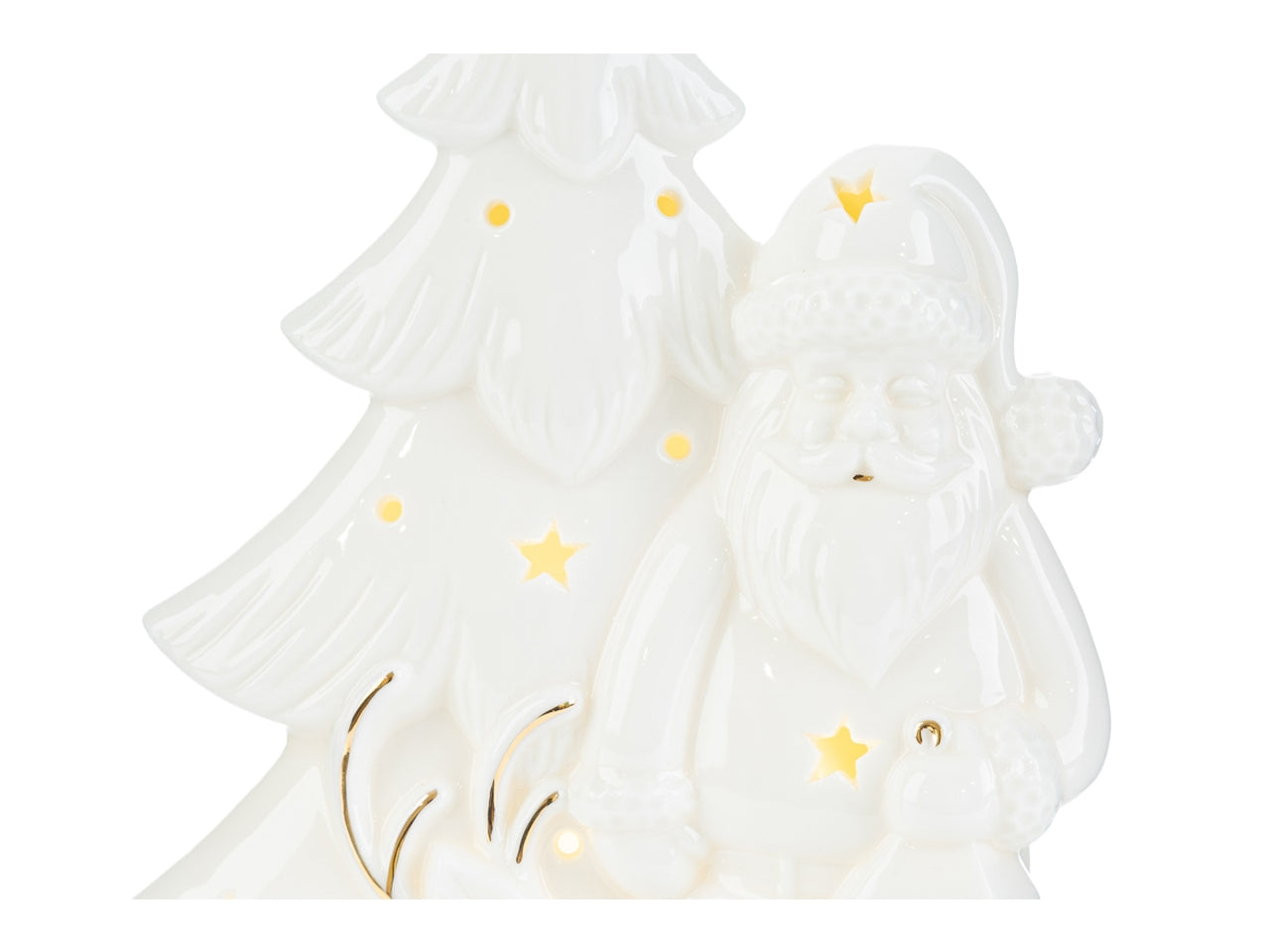 Statua Babbo Natale e albero con luce led in porcellana bianco latte e dorato finitura lucida 15x7h.23 cm - Le Stelle