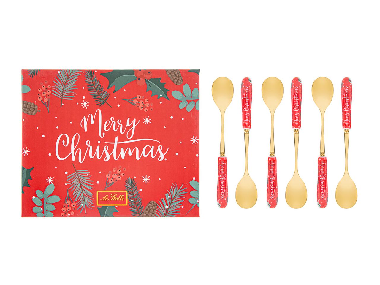 Cucchiaini merry christmas colore rosso misura 15cm con astuccio - la confezione comprende 6 cucchiaini