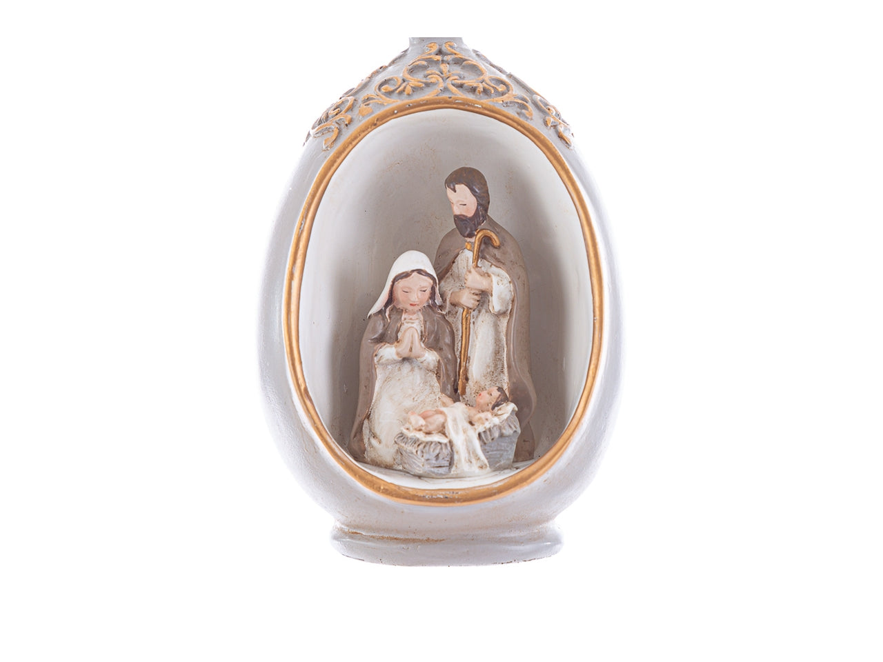 Appendino natalizio Sacra Famiglia con luce led in resina avorio, grigio e dorato 6x7xh.10 cm - Le Stelle