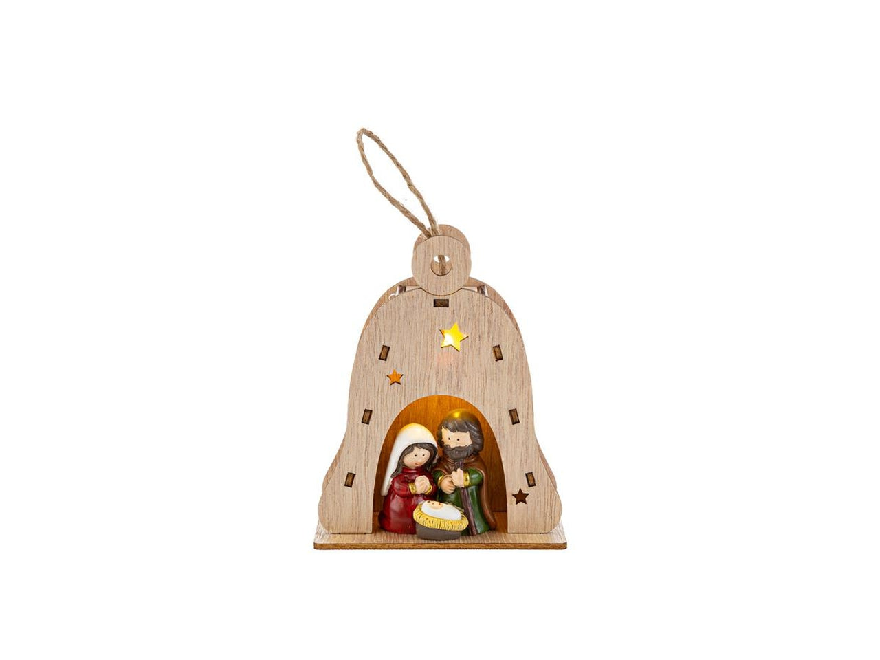 Appendino sacra famiglia in resina colorata campana di legno 8,5x4xh.11cm
