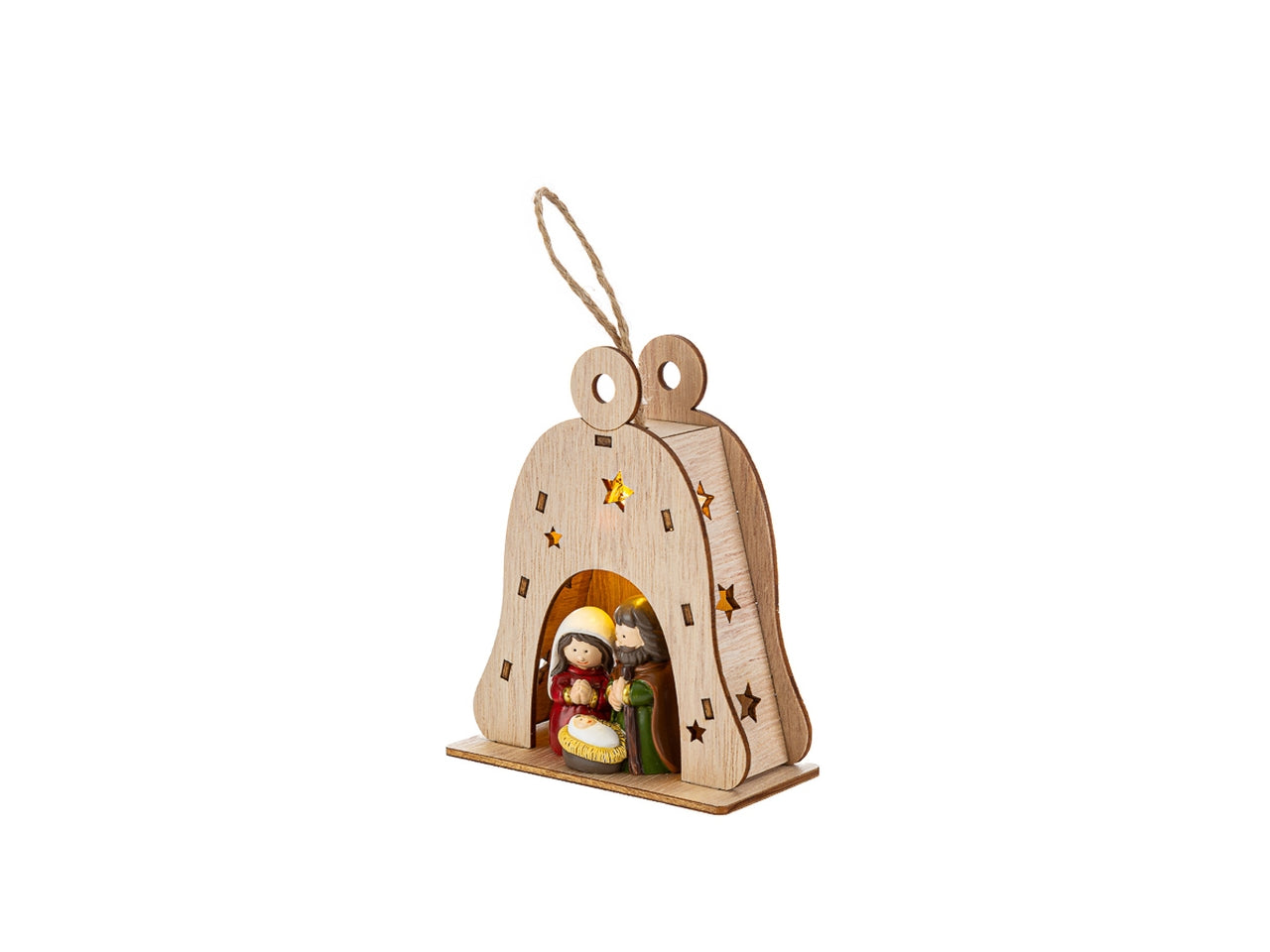 Appendino sacra famiglia in resina colorata campana di legno 8,5x4xh.11cm