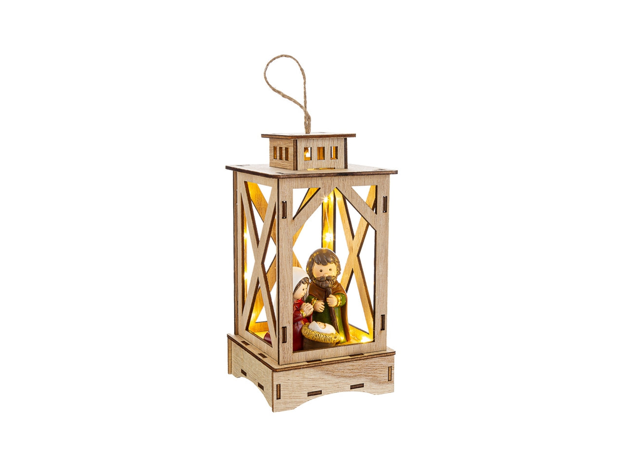 Appendino sacra famiglia in resina colorata lanterna di legno 9,5x7xh.17,5cm