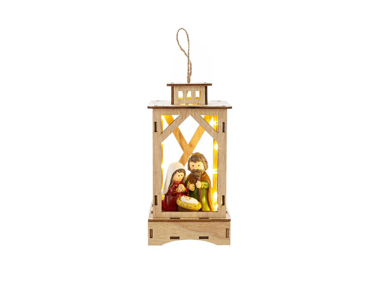 Appendino sacra famiglia in resina colorata lanterna di legno 9,5x7xh.17,5cm