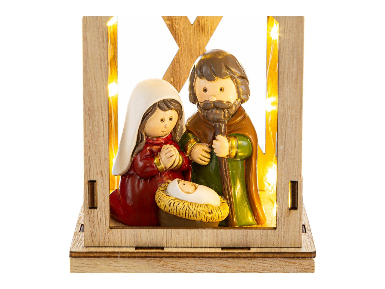 Appendino sacra famiglia in resina colorata lanterna di legno 9,5x7xh.17,5cm