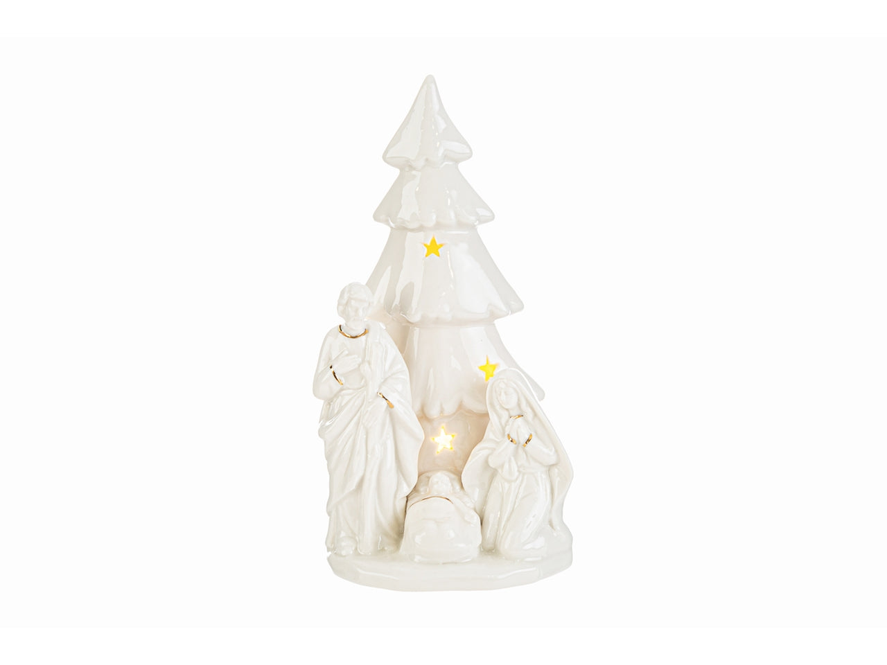 Nativita' 9,5x7xh.18cm con led bianco filo oro in porcellana