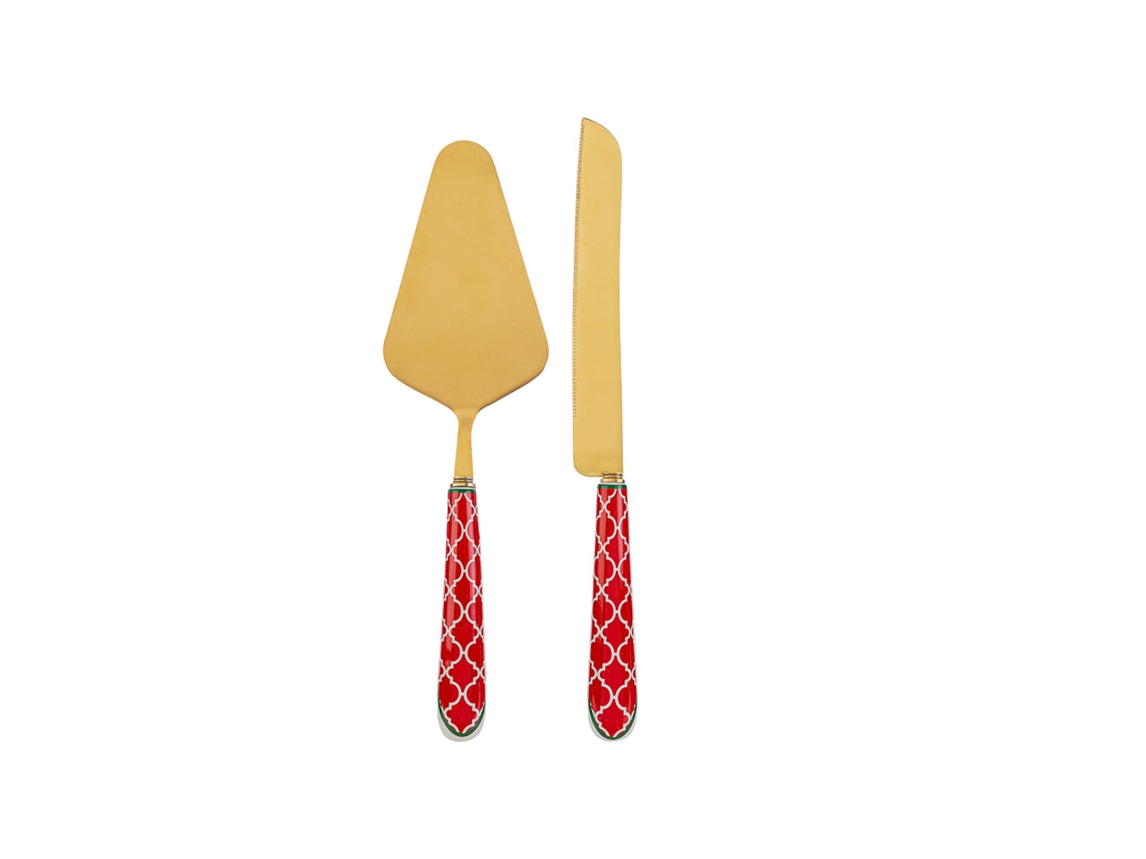 Taglia torta e coltello natalizio in ceramica e metallo rosso e dorato con scatola regalo 28 cm - Le Stelle