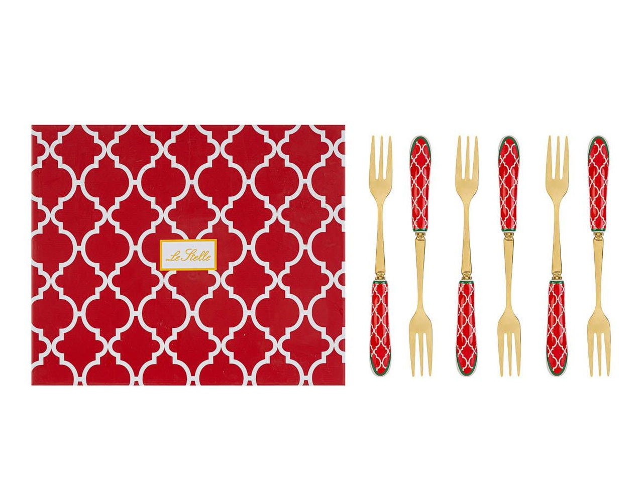 Forchettine dolce natalizio in ceramica e metallo rosso e dorato con scatola regalo 15 cm, set da 6 pezzi - Le Stelle