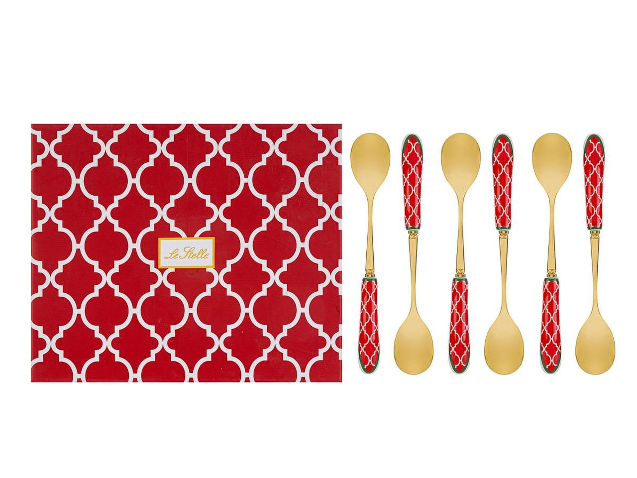 Cucchiaini natalizi in ceramica e metallo rosso e dorato con scatola regalo 15 cm, set da 6 pezzi - Le Stelle
