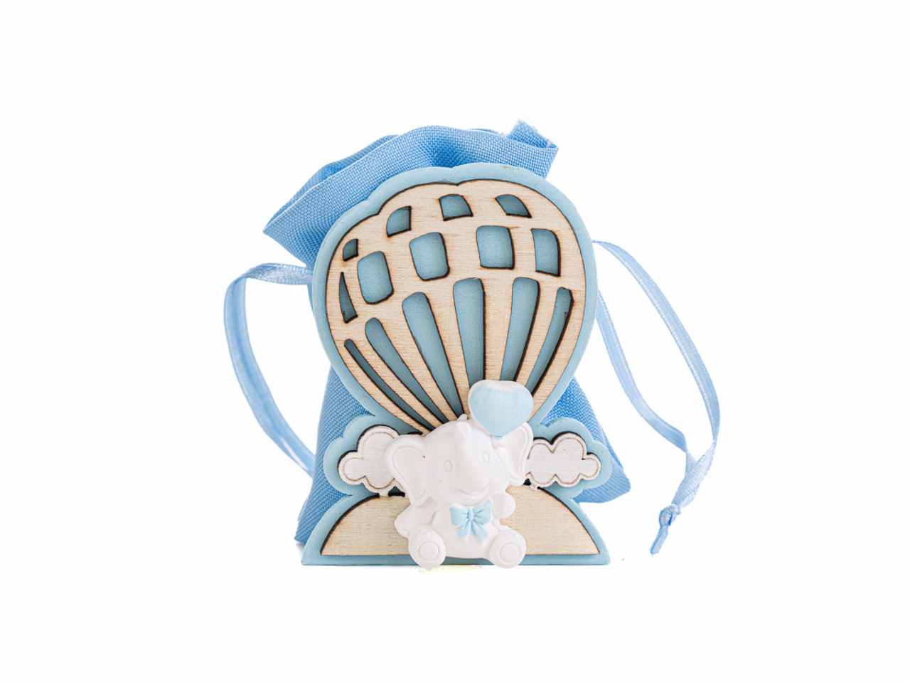 Sacchetto porta confetti con mongolfiera con elefante colore celeste 5x6xh.8cm