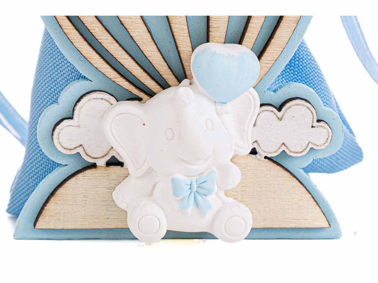 Sacchetto porta confetti con mongolfiera con elefante colore celeste 5x6xh.8cm