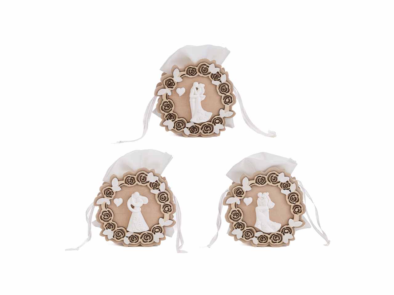 Sacchetto porta confetti in legno sposi 3 assortimenti 3,5x7,5xh.8cm