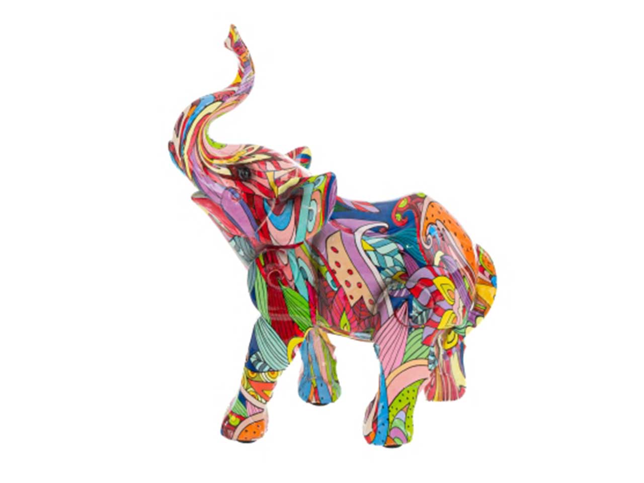 Elefante in resina multicolor misura 14x5,5x18cm con astuccio carta pieghevole misura 12x10xh.22cm