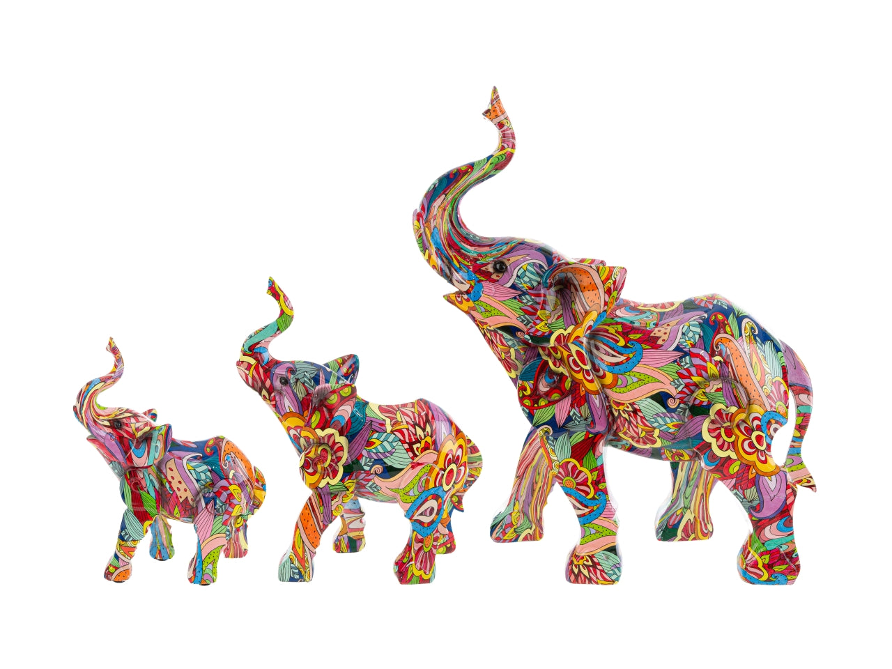 Elefante in resina multicolor misura 14x5,5x18cm con astuccio carta pieghevole misura 12x10xh.22cm