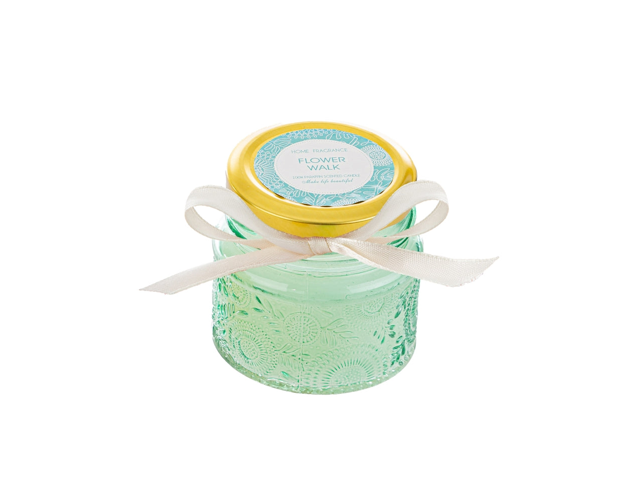 Candela profumata acqua marina e fior di cotone, vasetto in vetro decorato a rilievo celeste con shopper avorio, d.6,5xh.6 cm - Le Stelle