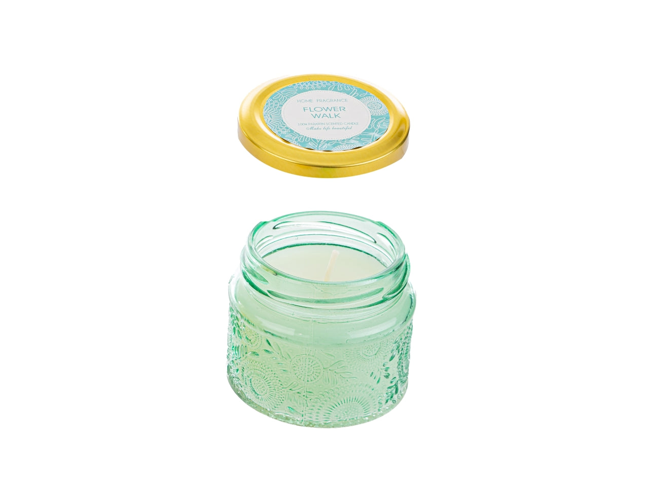 Candela profumata acqua marina e fior di cotone, vasetto in vetro decorato a rilievo celeste con shopper avorio, d.6,5xh.6 cm - Le Stelle