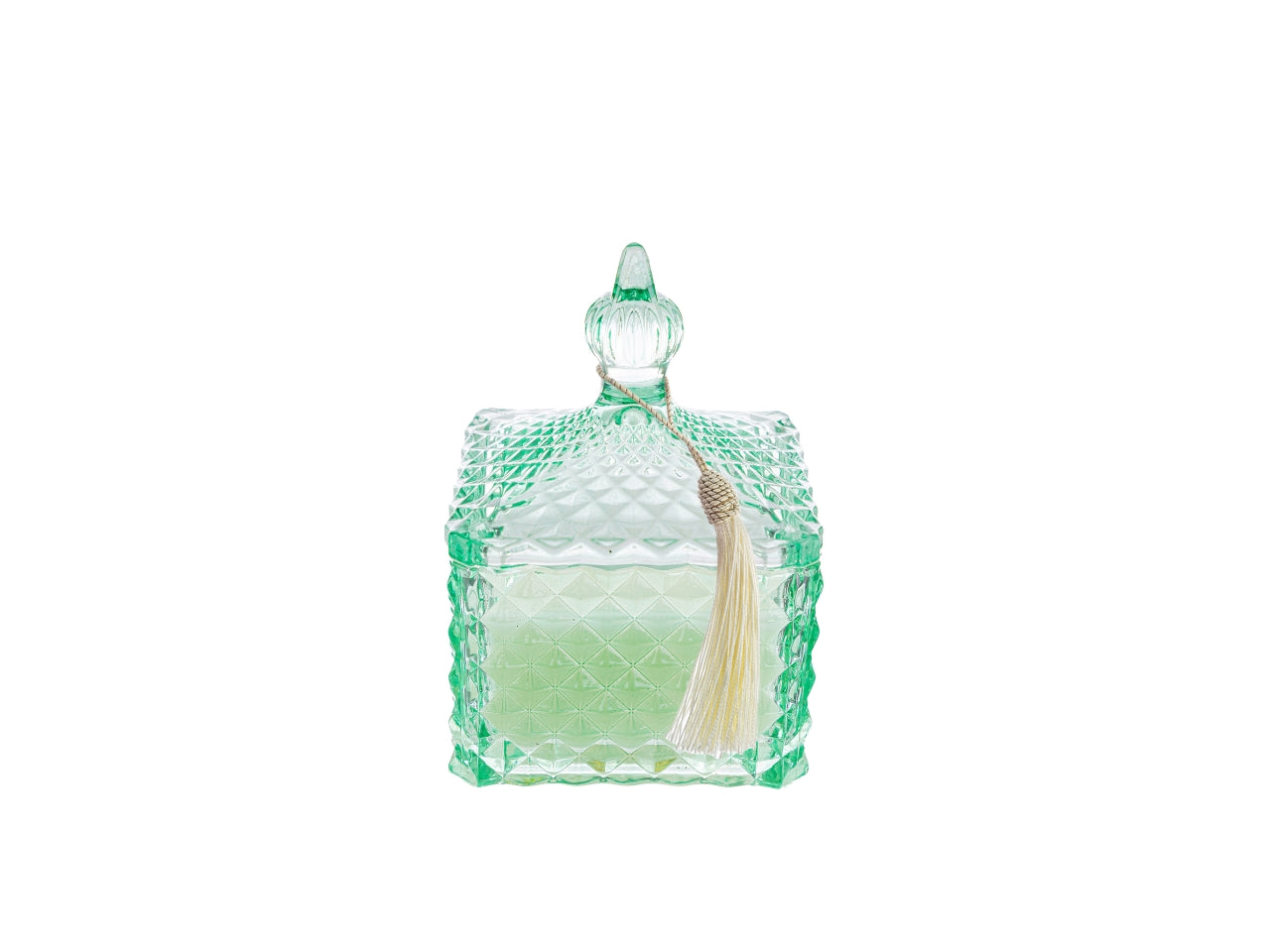 Candela profumata acqua marina e fior di cotone, vasetto vetro verde e cera, forma quadrata con shopper avorio, 8x8x12 cm - Le Stelle