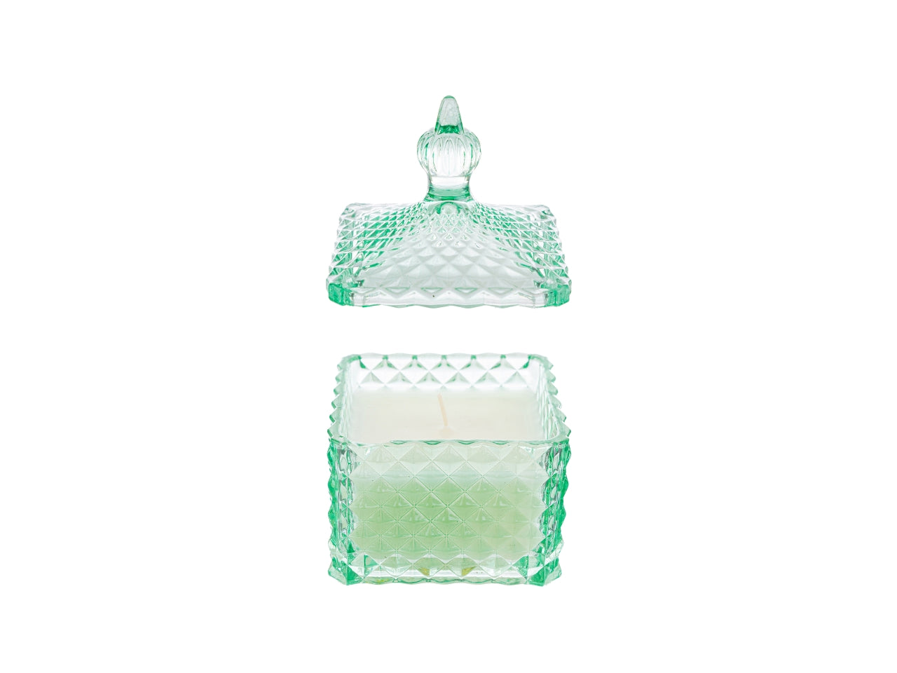 Candela profumata acqua marina e fior di cotone, vasetto vetro verde e cera, forma quadrata con shopper avorio, 8x8x12 cm - Le Stelle