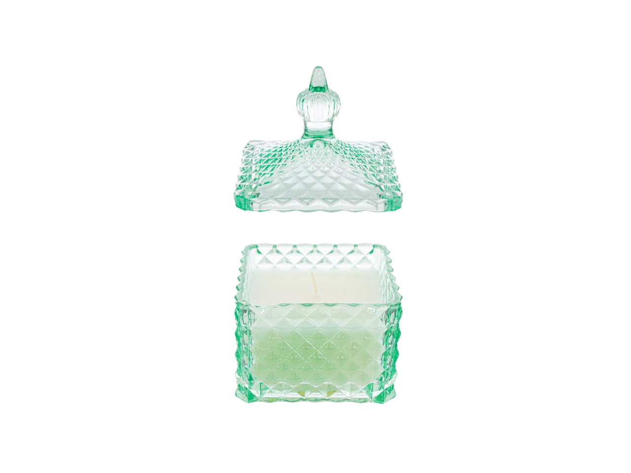 Candela profumata acqua marina e fior di cotone, vasetto vetro verde e cera, forma quadrata con shopper avorio, 9,5x9,5x14 cm - Le Stelle