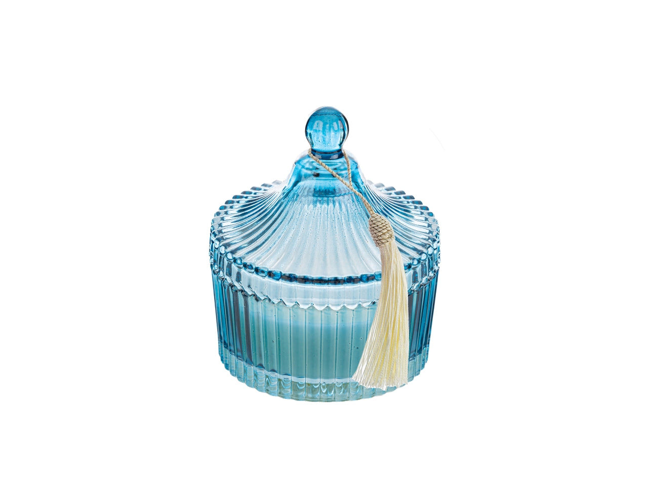 Candela profumata oceano e muschio bianco, vasetto in vetro decorato a rilievo azzurro con shopper in cartone avorio, 6,5xh.9 cm - Le Stelle