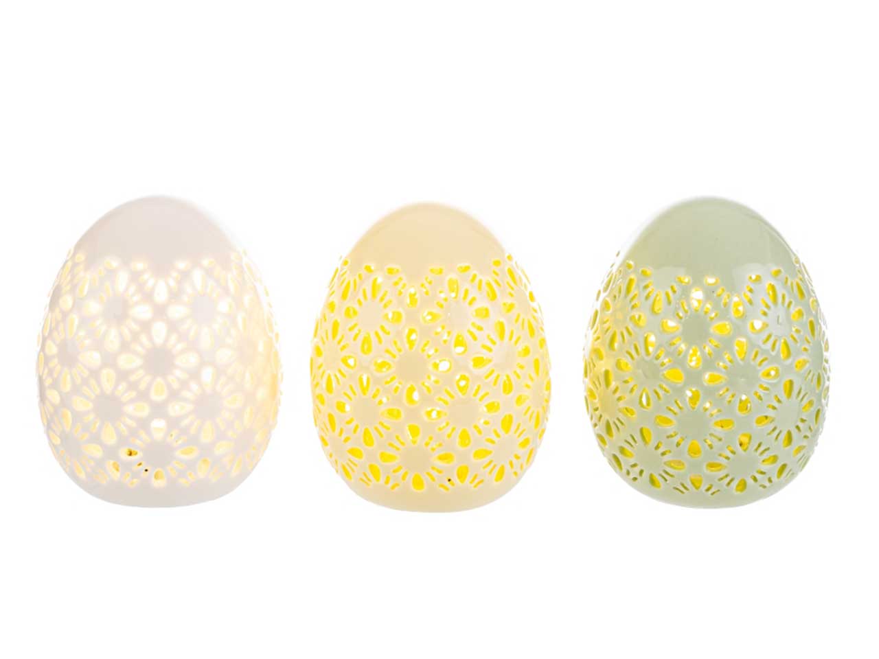 Uovo in ceramica con led in 3 assortimenti misura d.7,5xh.9cm