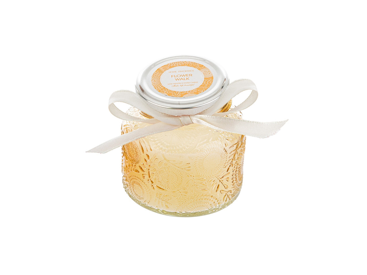 Candela profumata cannella e pepe bianco, vasetto in vetro decorato a rilievo ambra con shopper avorio, d.9xh.8 cm - Le Stelle