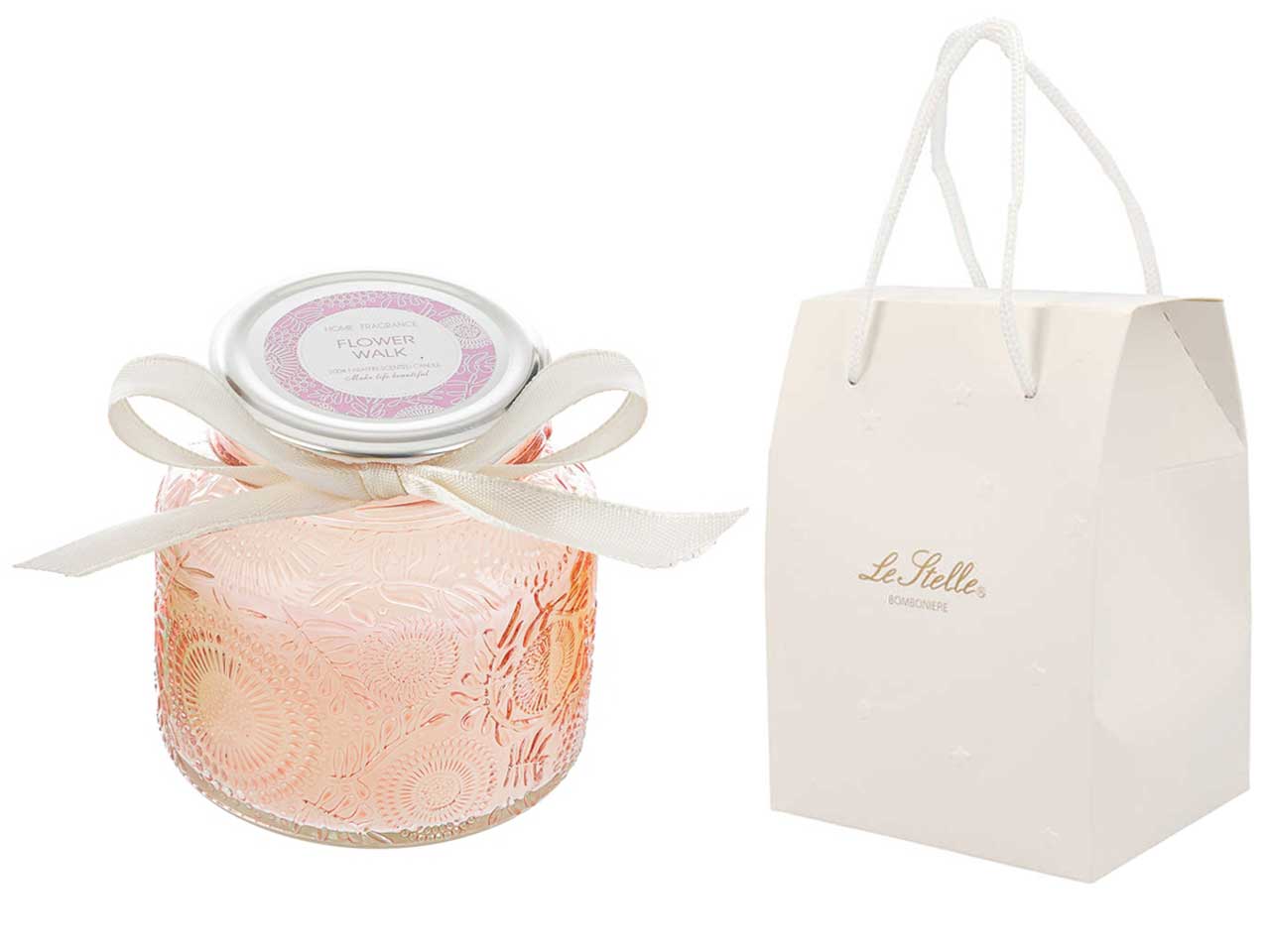 Candela profumata rosa inglese e vaniglia, vasetto in vetro decorato a rilievo ambra con shopper avorio, d.9xh.8 cm - Le Stelle