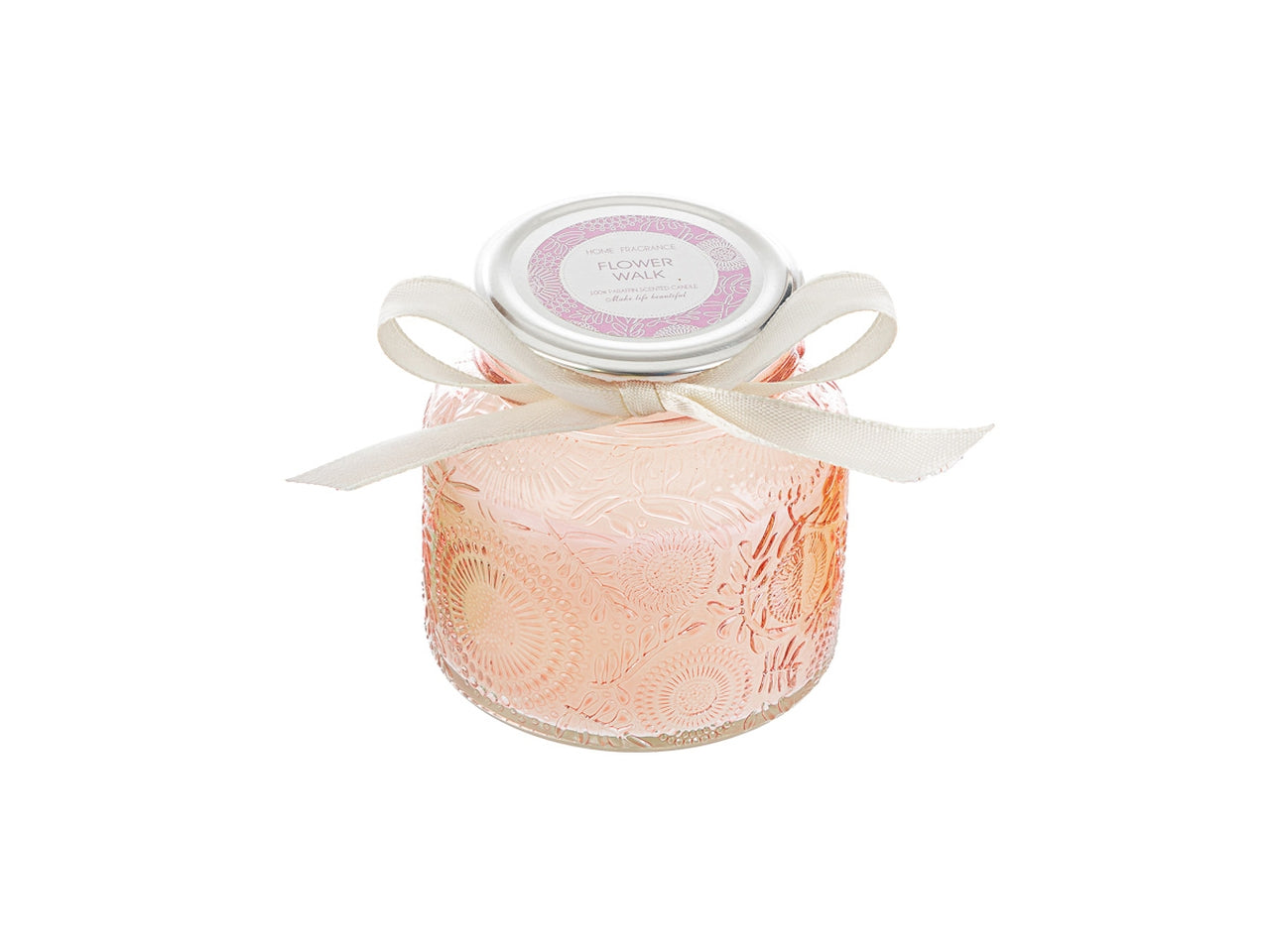 Candela profumata rosa inglese e vaniglia, vasetto in vetro decorato a rilievo ambra con shopper avorio, d.9xh.8 cm - Le Stelle