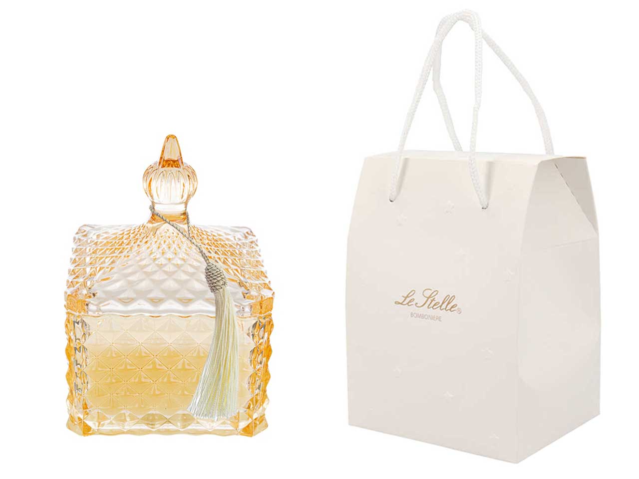 Candela profumata cannella e pepe bianco, vasetto vetro rosa e cera, forma quadrata con shopper avorio, 8x8x12 cm - Le Stelle