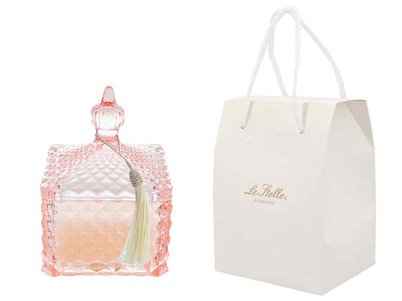 Candela profumata rosa inglese e vaniglia, vasetto vetro rosa e cera, forma quadrata con shopper avorio, 8x8x12 cm - Le Stelle