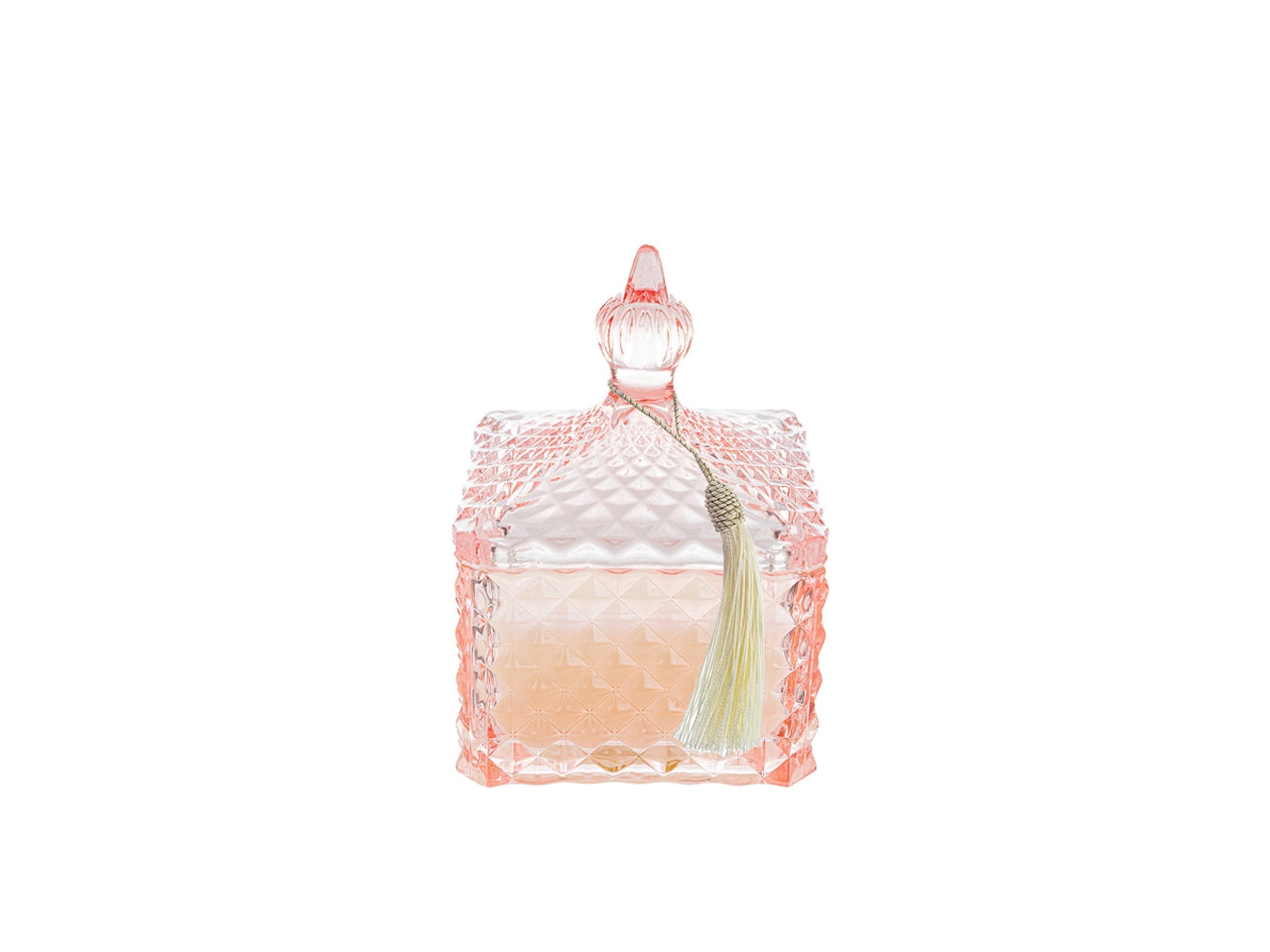 Candela profumata rosa inglese e vaniglia, vasetto vetro rosa e cera, forma quadrata con shopper avorio, 8x8x12 cm - Le Stelle