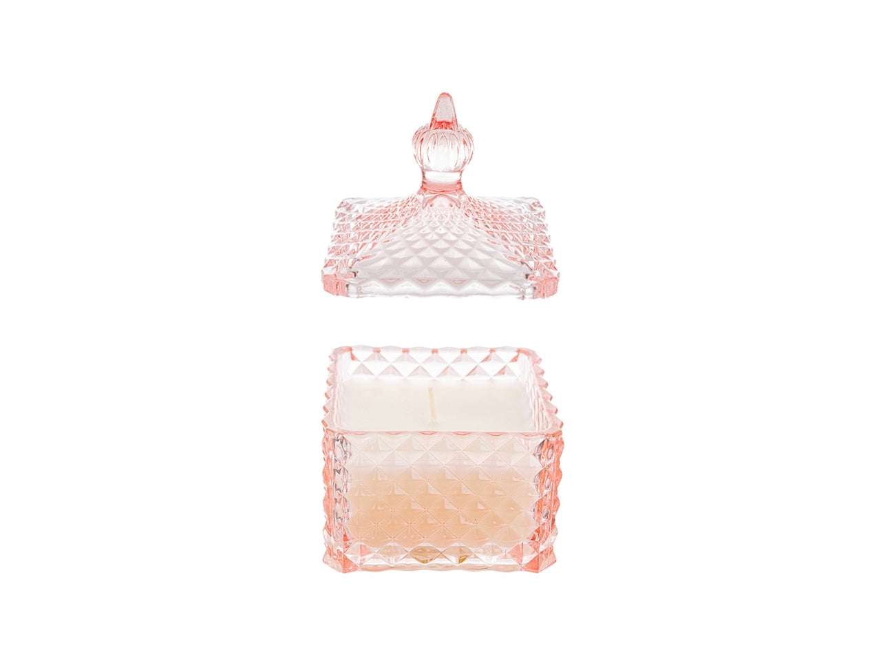 Candela profumata rosa inglese e vaniglia, vasetto vetro rosa e cera, forma quadrata con shopper avorio, 8x8x12 cm - Le Stelle