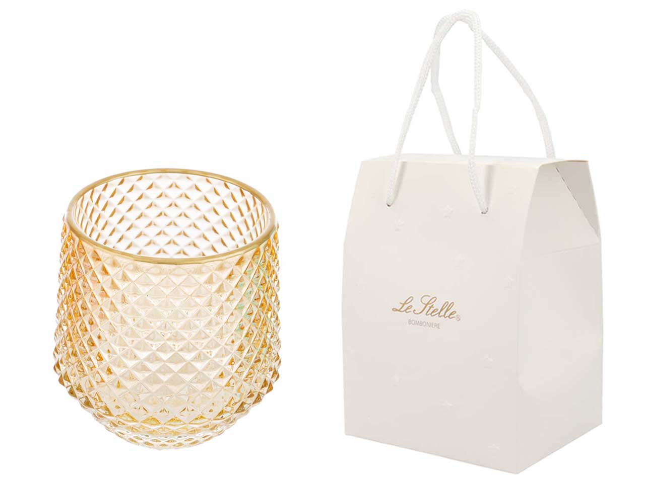 Portacandele classico in vetro ambra con decori a rilievo e bordino oro, 9xh.10 cm - Le Stelle