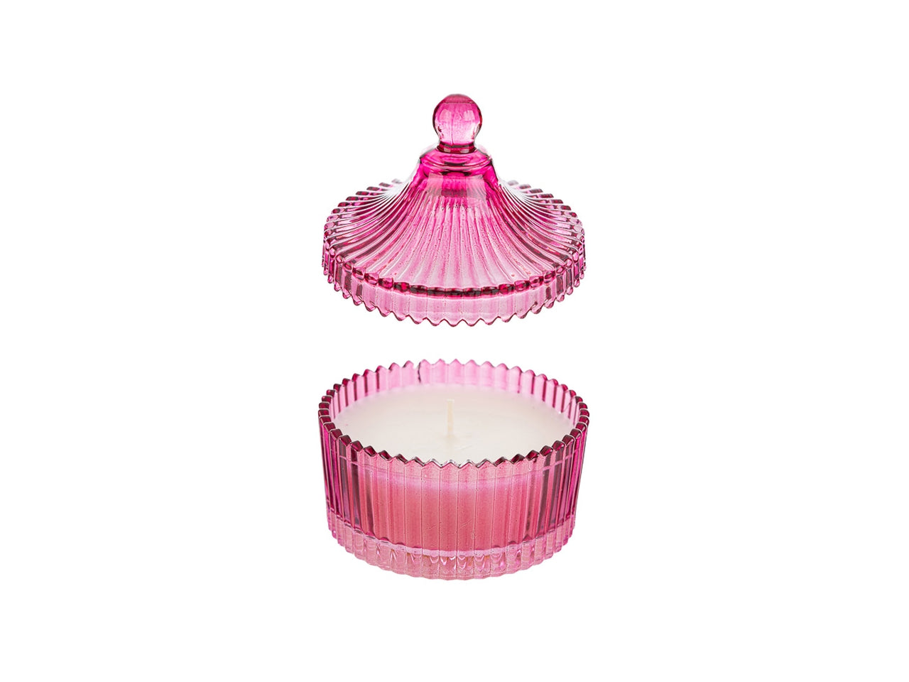 Candela profumata violette e amarena in vasetto di vetro decorato a rilievo fucsia e shopper avorio, 6,5xh.9 cm - Le Stelle