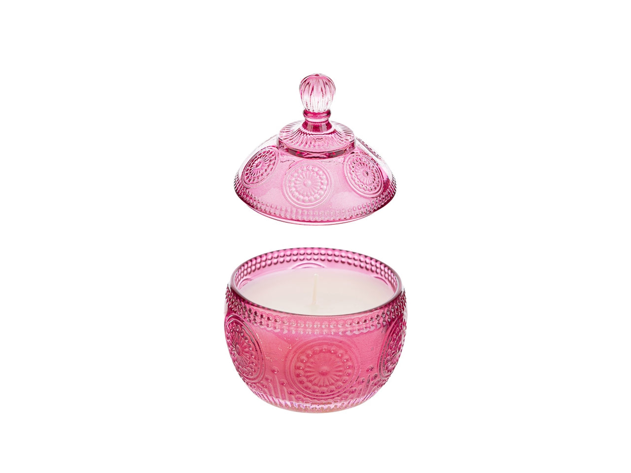 Candela profumata violette e amarene, vasetto con coperchio in vetro decorato a rilievo fucsia con shopper avorio 8,5xh.12,5 cm - Le Stelle
