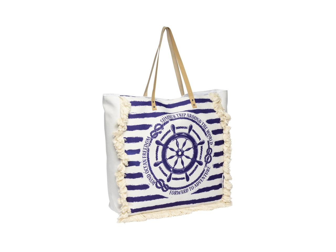 Borsa mare con frange in misto cotone a righe blu e beige 50x50x15 cm - Rox