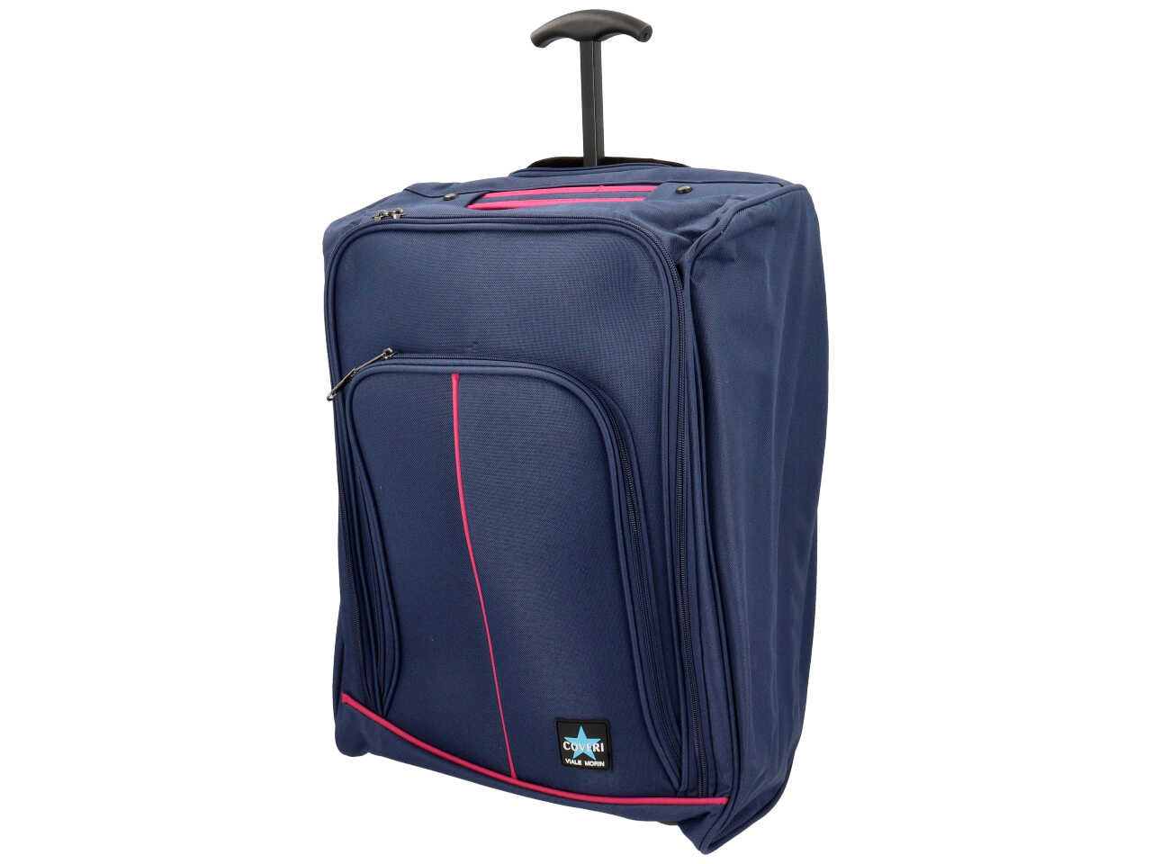 Trolley da cabina 35x20x50 cm in tessuto blu e fuxia con tasca anteriore, manico telescopico e maniglia superiore - Coveri